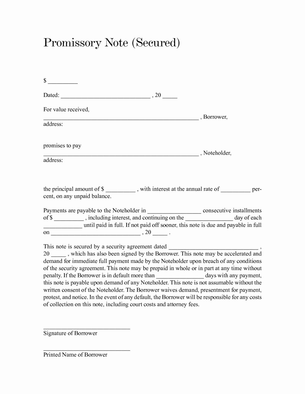 Secured Promissory Note Template Pdf Inspirational Blank and Fill Able Secured Promissory Note form Sample