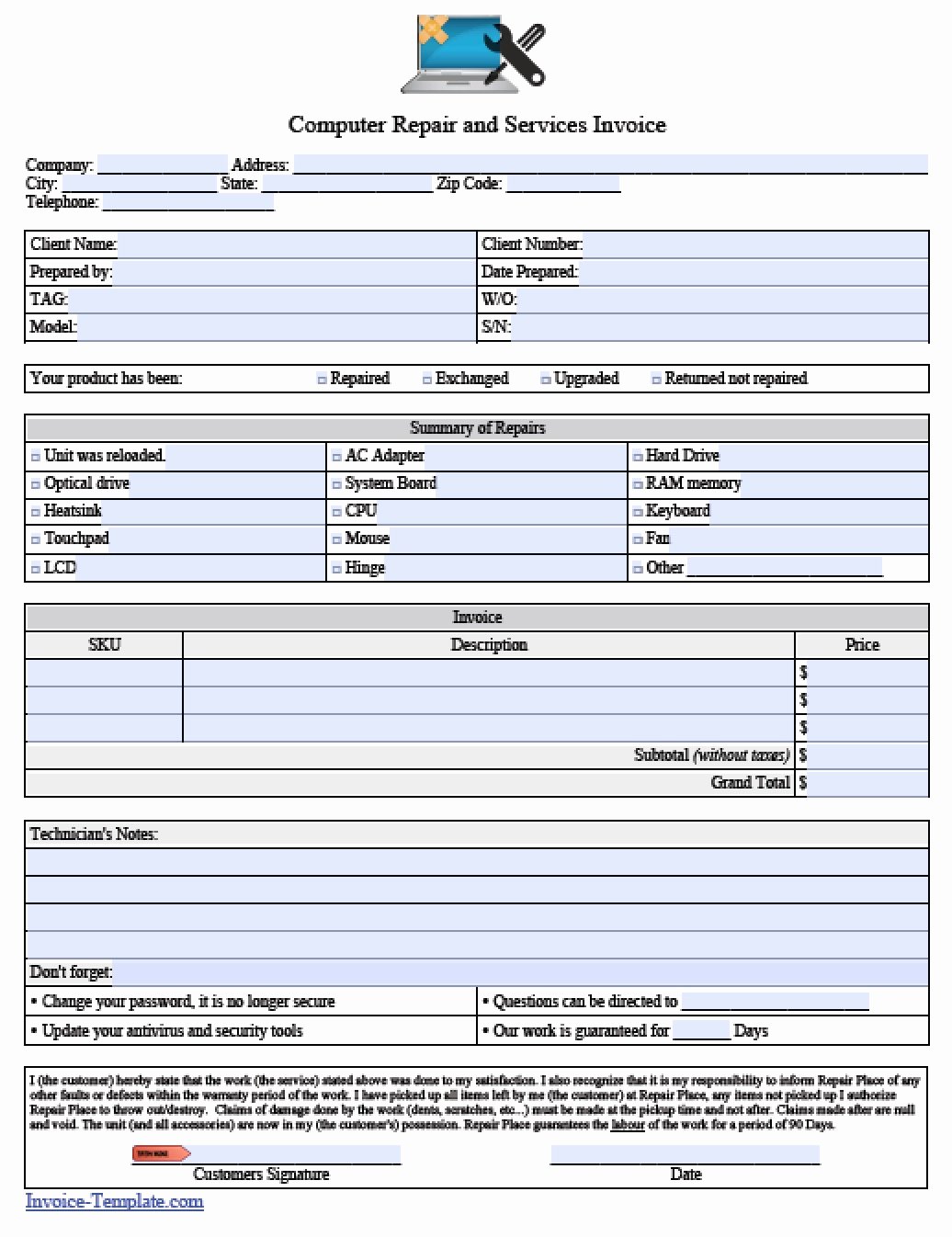 Service Invoice Template Pdf Lovely Puter Repair Invoice Template Pdf