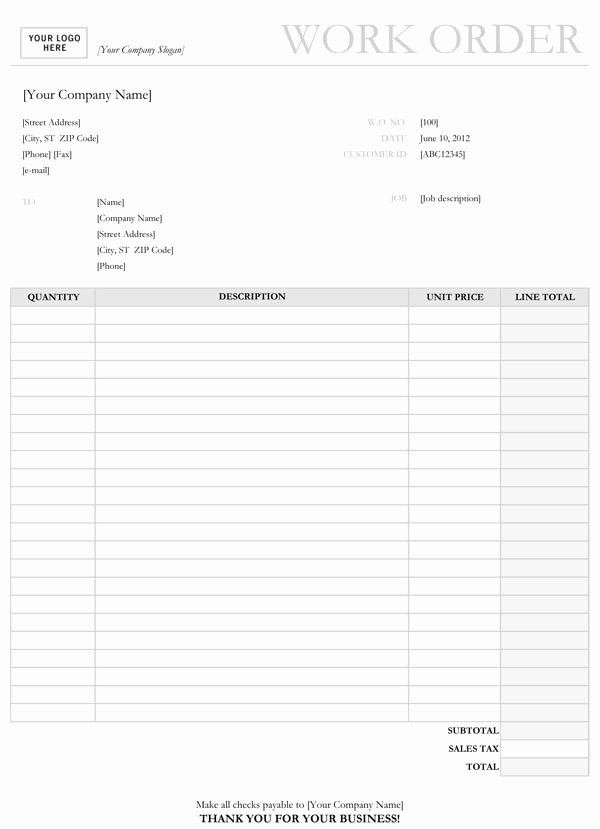 Service Work orders Template Fresh Work order form Template