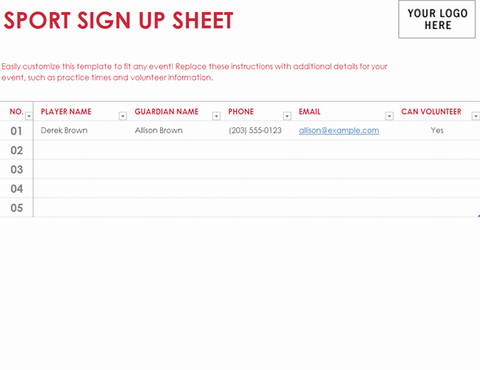 Sign Up Page Template Luxury Sport Sign Up Sheet