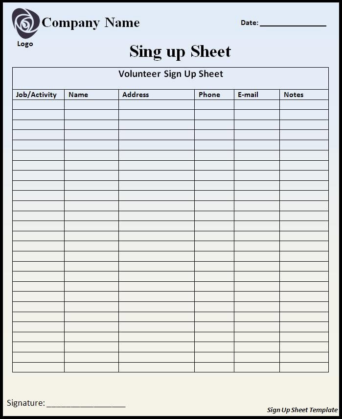 Sign Up Page Template Unique Sign Up Sheet Template