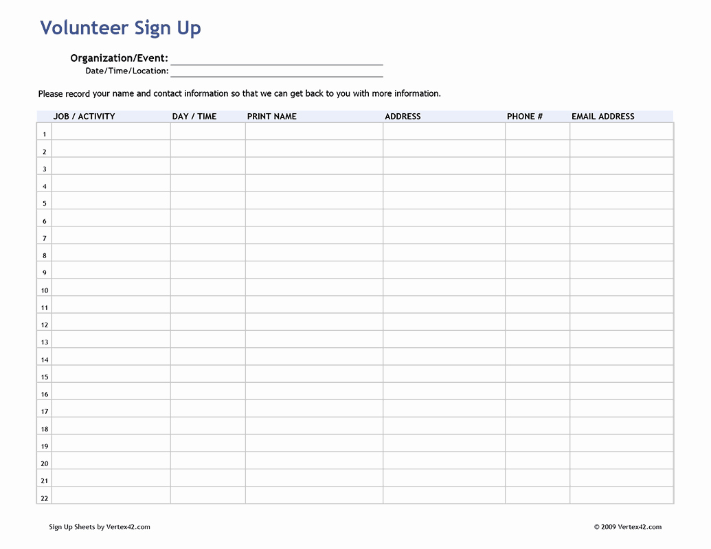 Sign Up Sheet Template Free Inspirational Free Printable Volunteer Sign Up Sheet Pdf From Vertex42