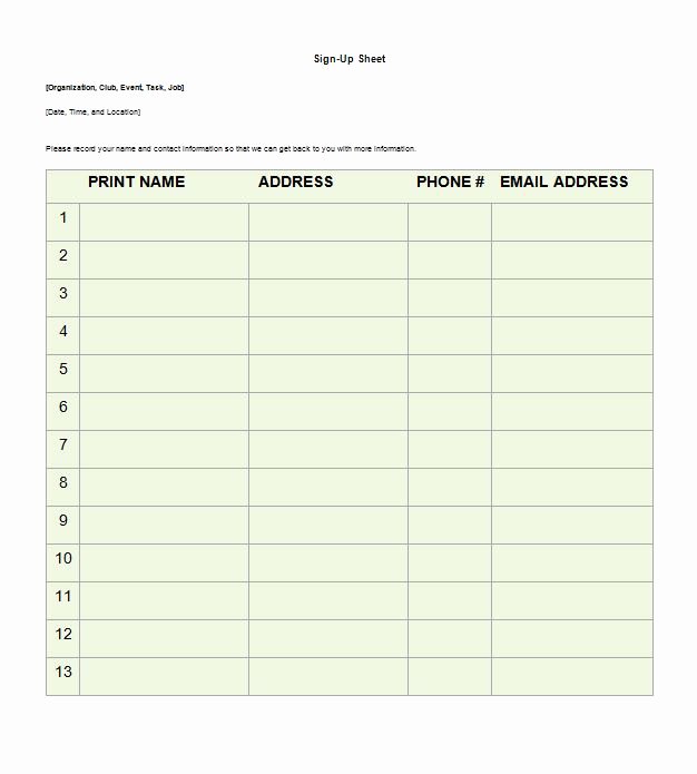 Sign Up Sheet Template Free Luxury 40 Sign Up Sheet Sign In Sheet Templates Word &amp; Excel