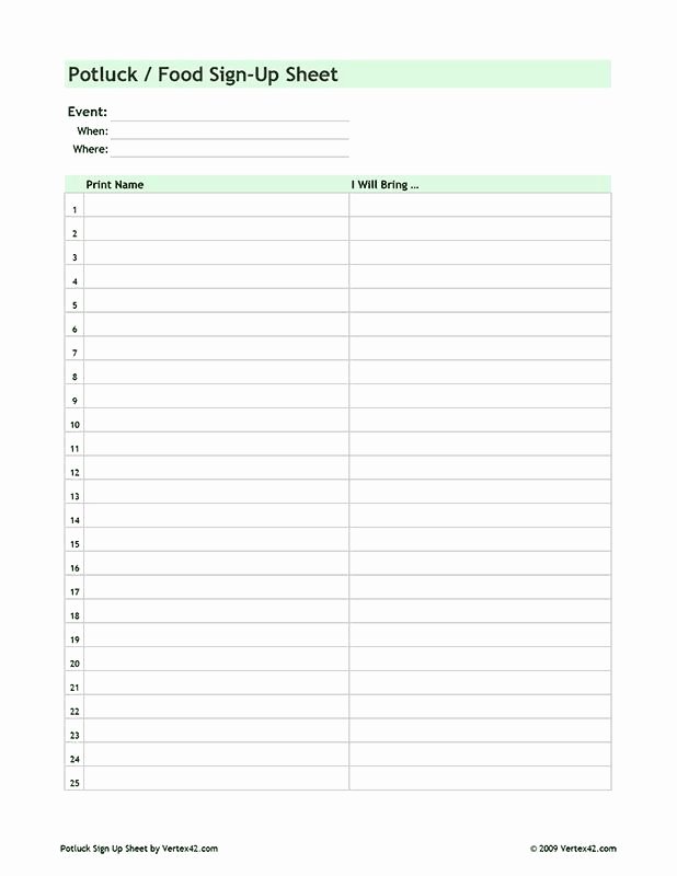 Sign Up Sheet Template Free Unique Free Printable Potluck Sign Up Sheet Pdf From Vertex42
