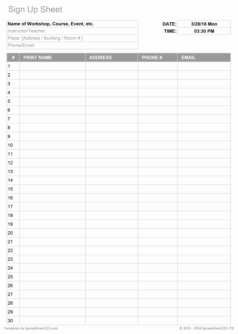 Sign Up Sheets Template Unique Printable Sign Up Worksheets and forms for Excel Word and Pdf