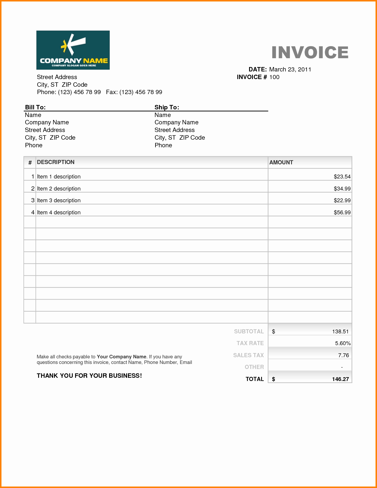 Simple Invoice Template Excel Elegant 6 Ta Bill form In Excel format