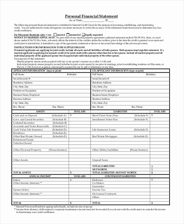 Small Business Financial Statement Template Unique Personal Financial Statement 9 Free Excel Pdf