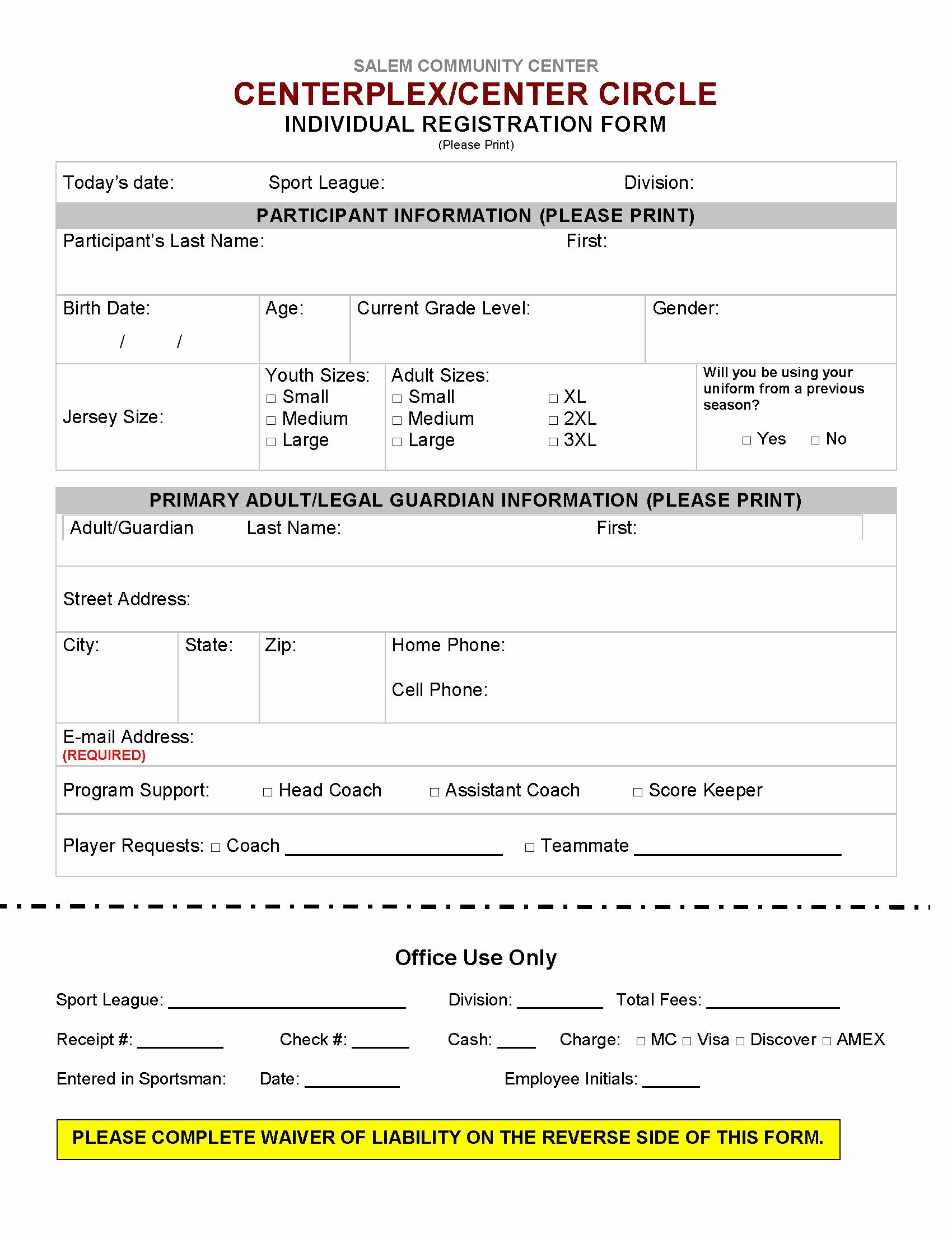 Sports Registration form Template Unique Salem Munity Center Individual Sports Registration