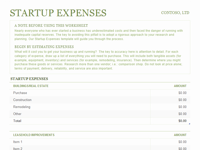 Start Up Cost Template Luxury Startup Expenses for Microsoft Excel