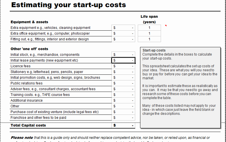 Start Up Expenses Template Fresh Business Start Up Costs Calculator for Excel