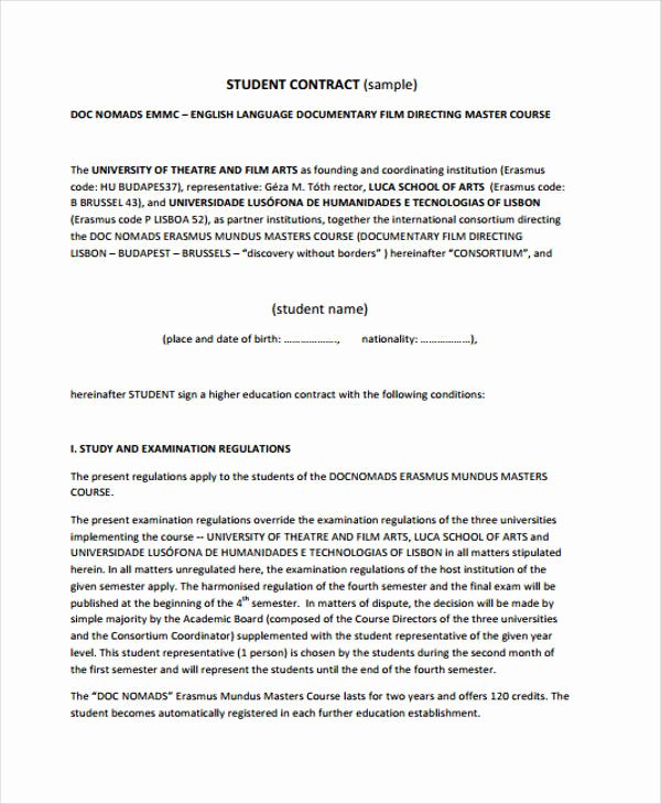 Student Academic Contract Template Best Of 12 Student Contract Templates Free Sample Example