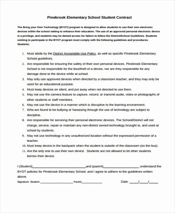 Student Academic Contract Template Inspirational 12 Student Contract Templates Free Sample Example