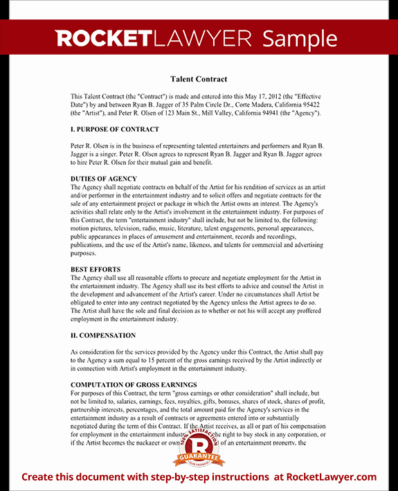 Talent Management Contract Template Awesome Talent Agreement Talent Contract Template with Sample