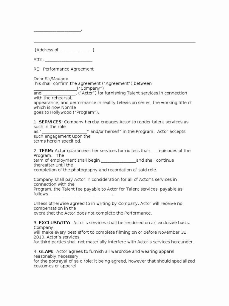 Talent Management Contract Template Unique Reality Show Talent Contract form Indemnity