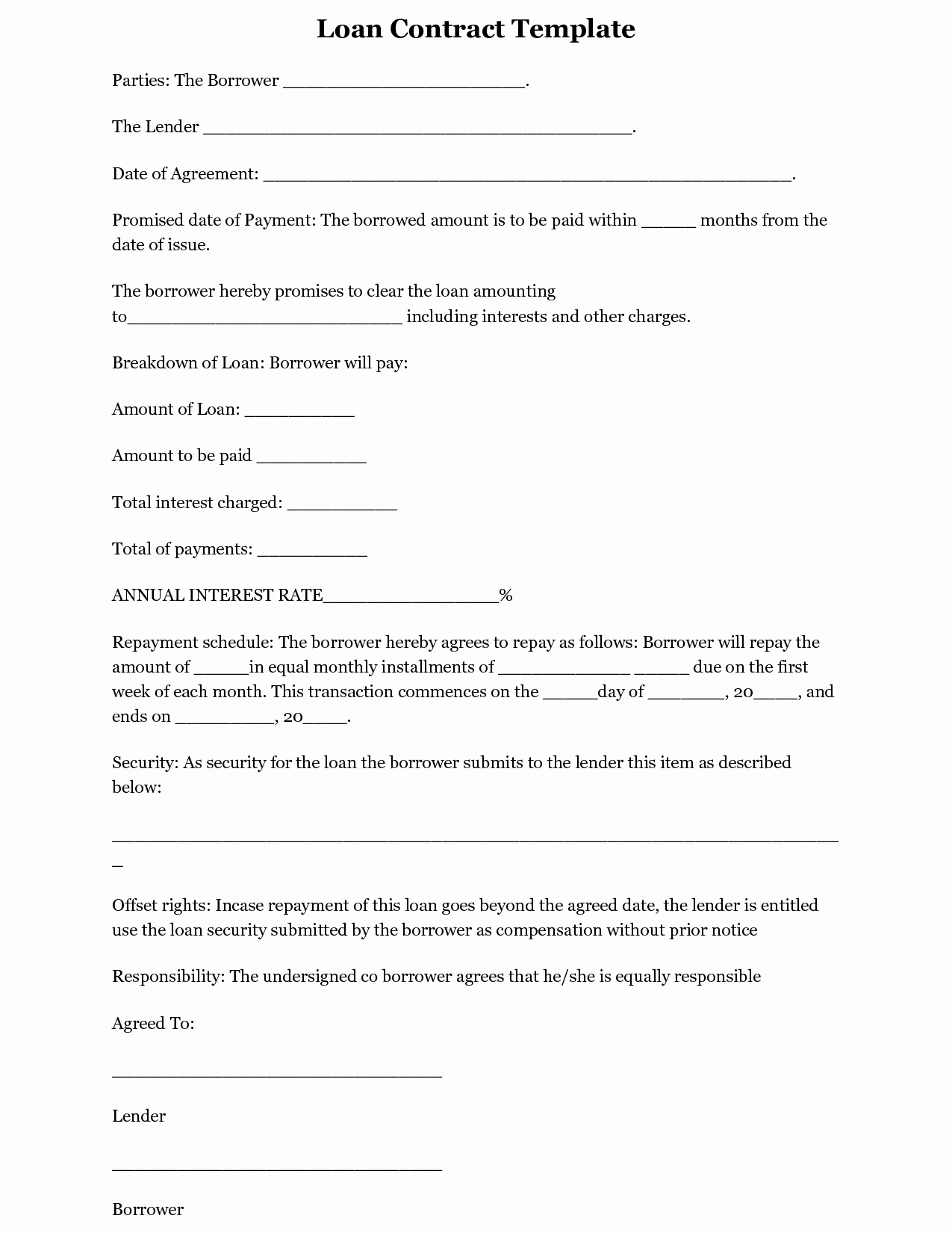 Template for Loan Contract Elegant Printable Sample Loan Template form
