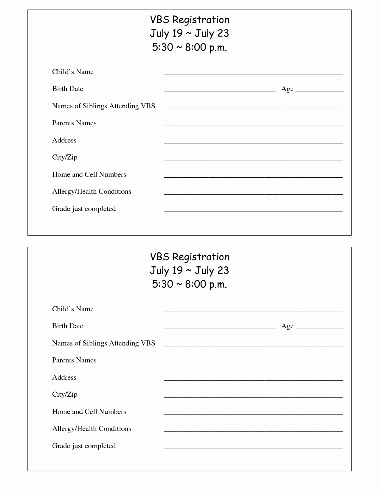 Template for Registration form Beautiful Printable Vbs Registration form Template