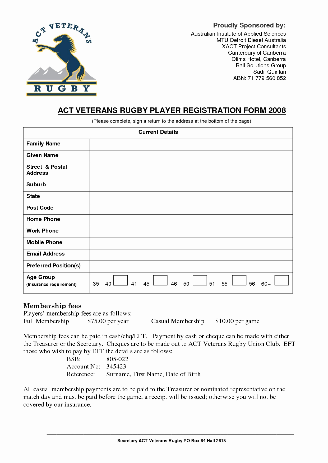 Template for Registration form New Registration form Template