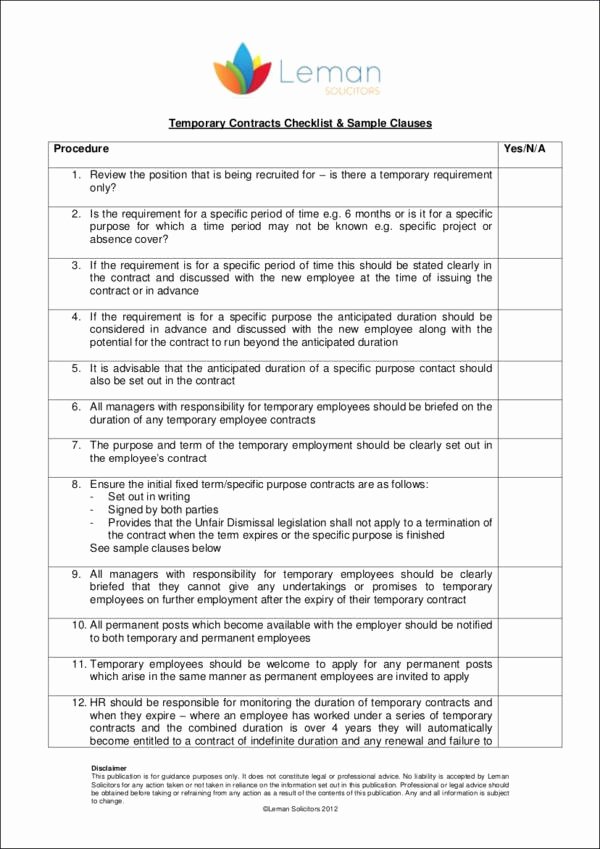 Temporary Employment Contract Template Luxury 18 Contract Checklist Samples &amp; Templates