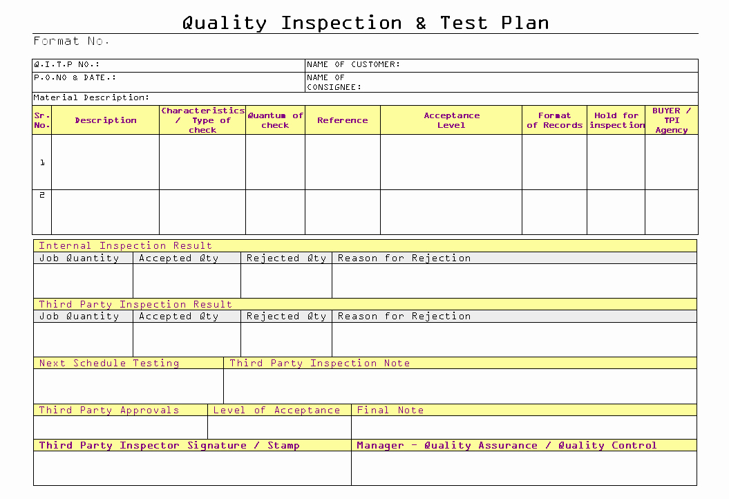 Test Plan Template Pdf Best Of Quality Inspection &amp; Test Plan format Samples