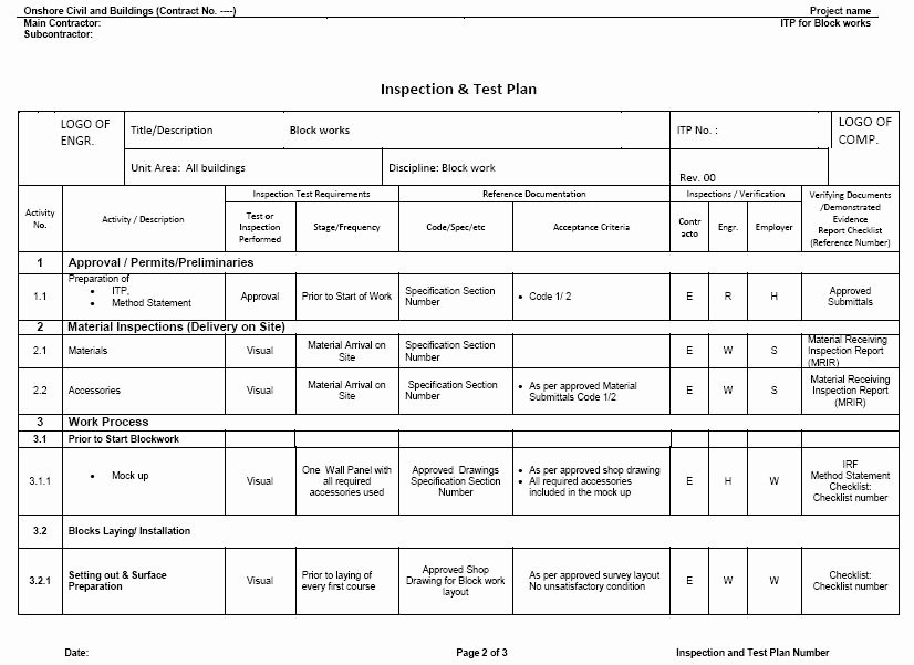 Test Plan Template Pdf Inspirational Inspection and Test Plan
