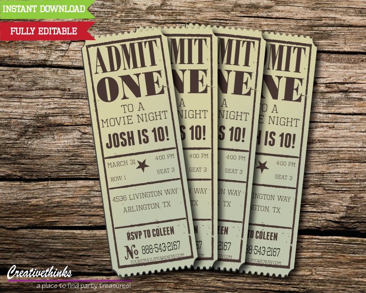 Ticket Template for Pages Inspirational Editable Vintage Movie Ticket Invitation Digital File