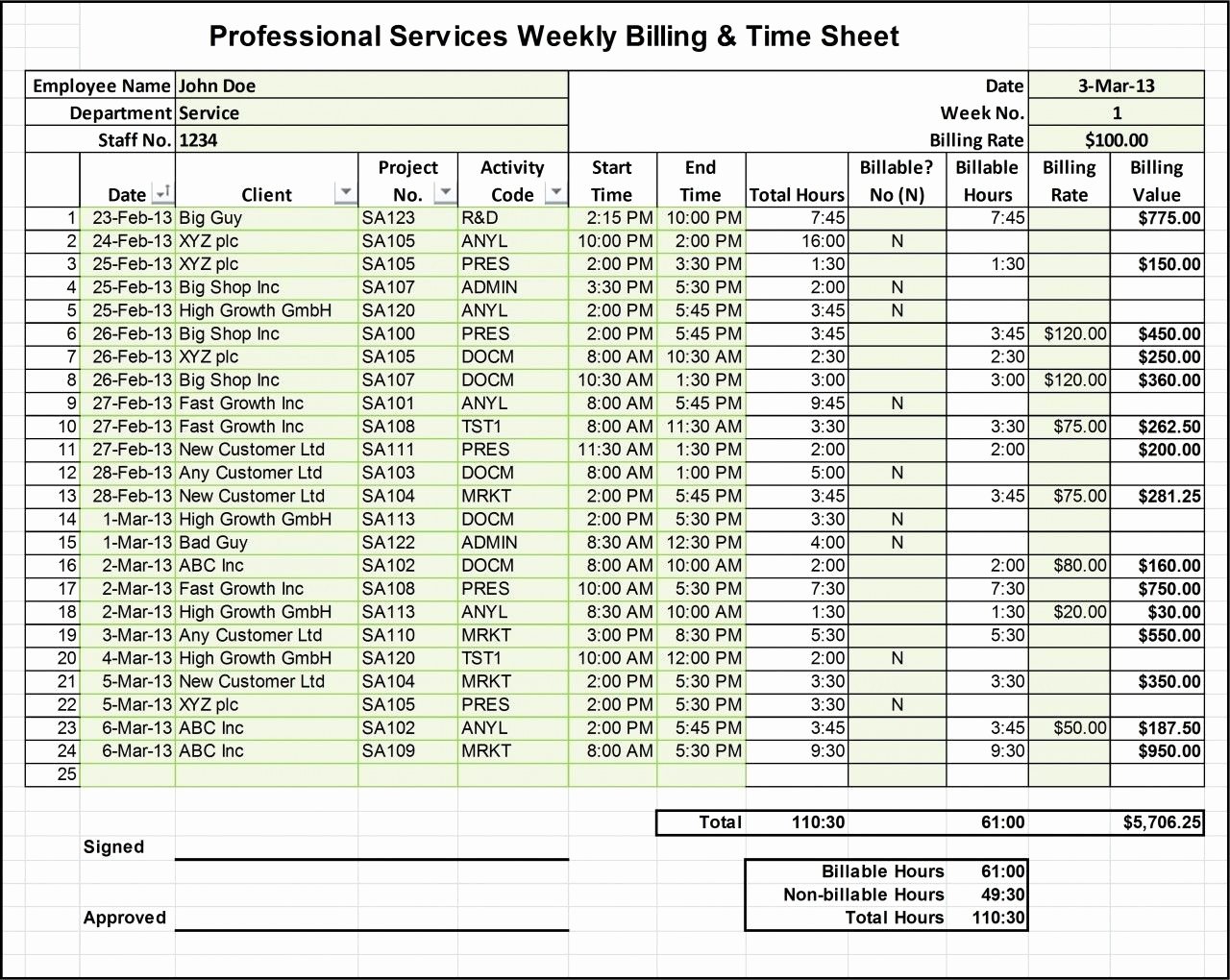 Timesheet Invoice Template Excel Elegant Professional Services Billing Timesheet Excel Template
