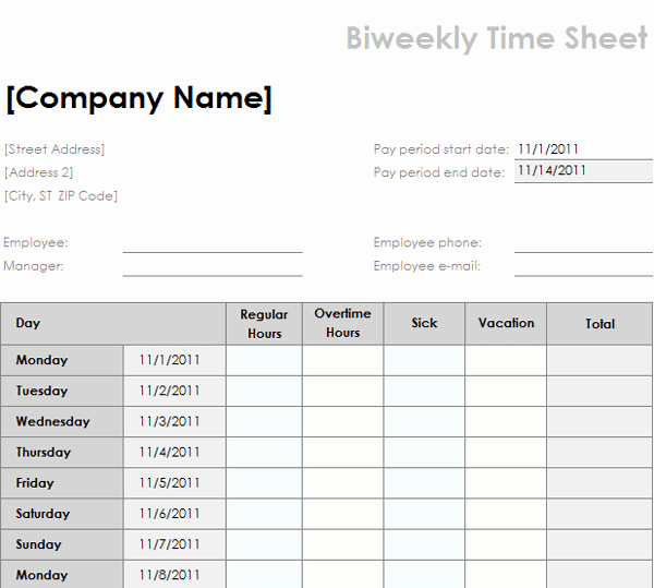 Timesheet Invoice Template Excel Unique 8 Bi Weekly Timesheet Template