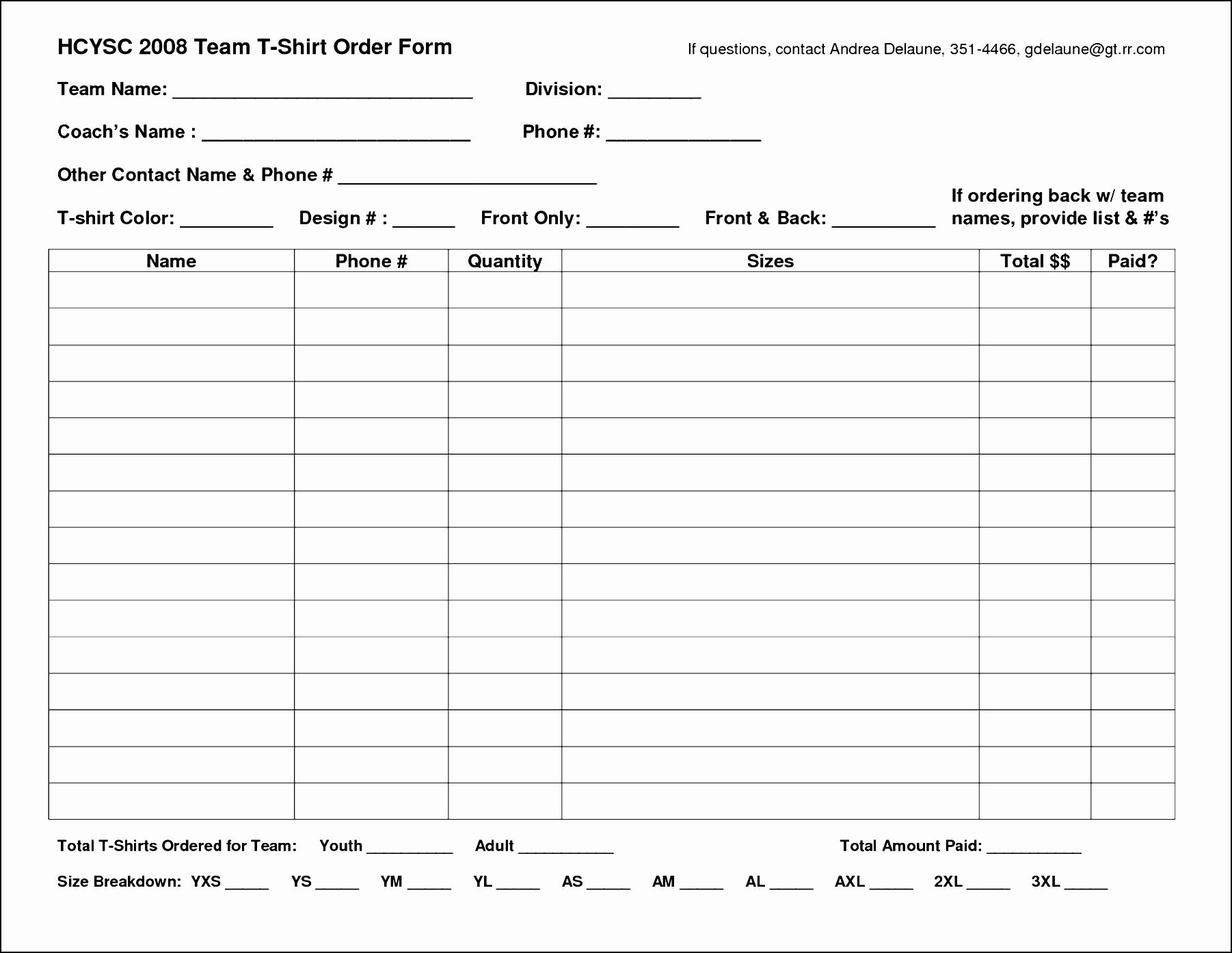 Tshirt order form Template Inspirational Excel Shirt order form Template