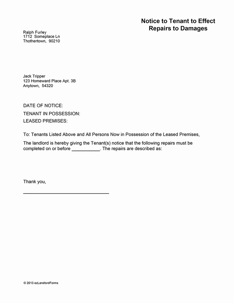 Unauthorized Tenant Letter Template Lovely Notice to Tenant to Repair Damages