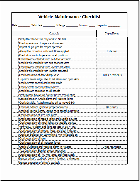 Vehicle Maintenance Checklist Template Awesome Vehicle Maintenance Checklist Template