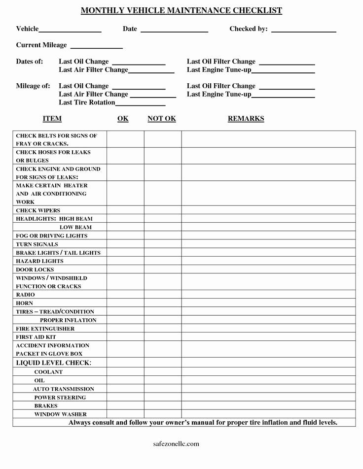 Vehicle Maintenance Checklist Template New Vehicle Maintenance Checklist Template