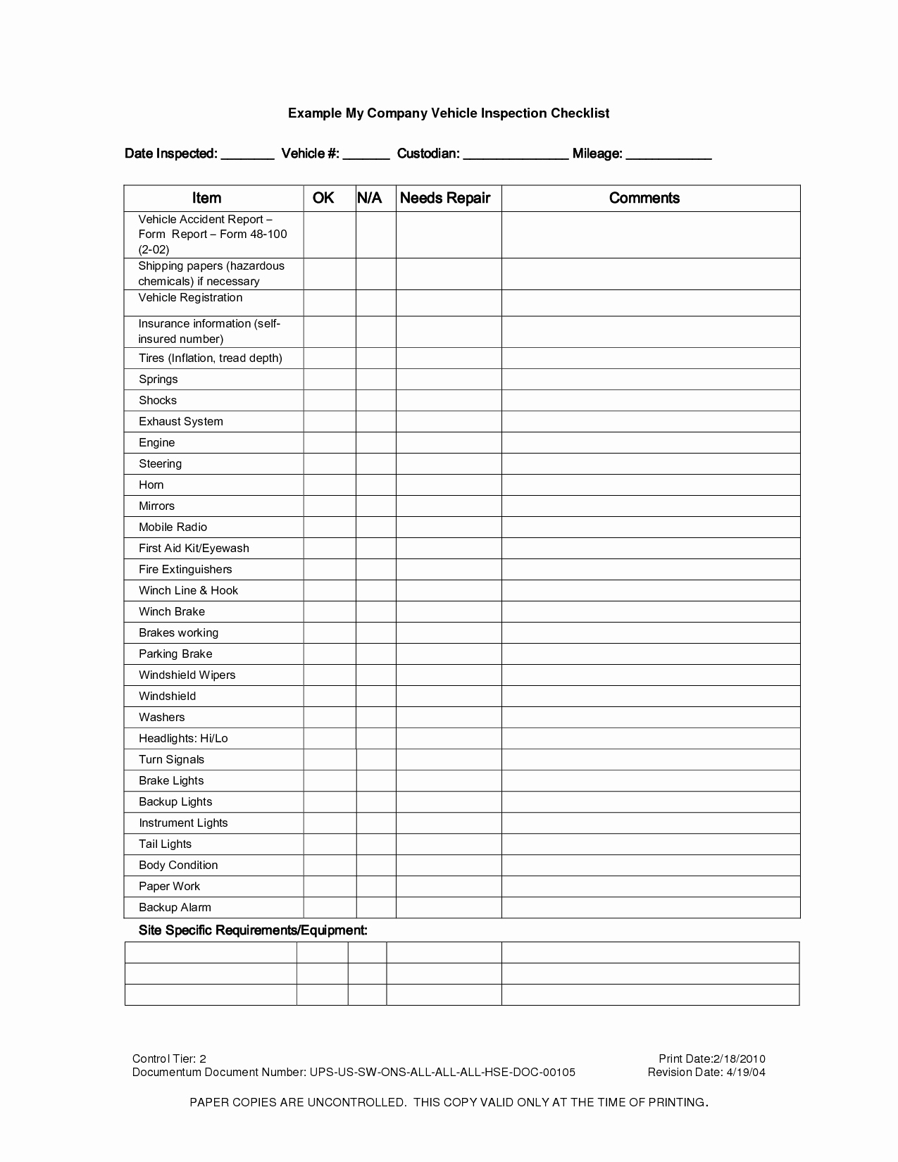 Vehicle Maintenance Checklist Template Unique Vehicle Inspection Checklist Template