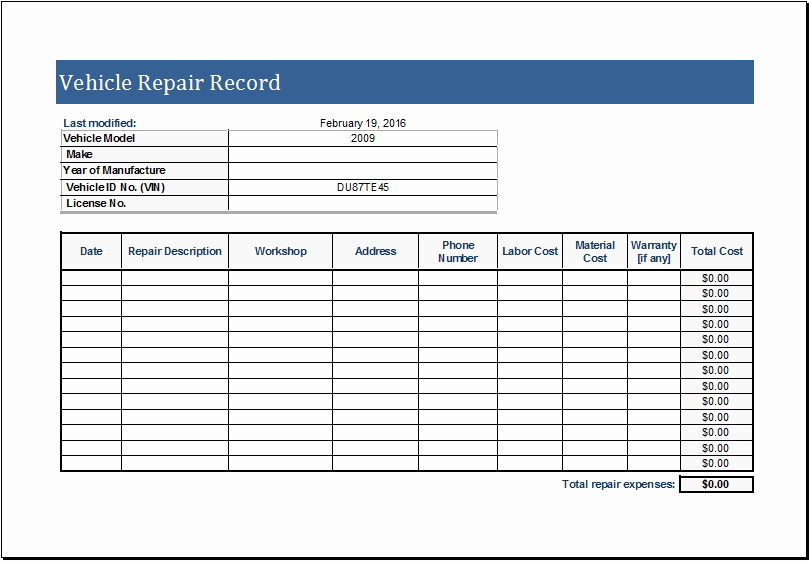 Vehicle Maintenance Log Excel Template Awesome Vehicle Repair Log Template for Ms Excel