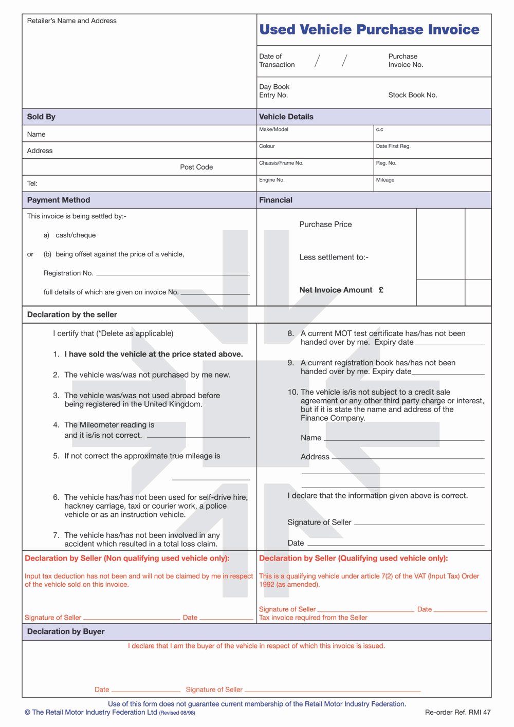 Vehicle Purchase order Template Inspirational Rmi047p Used Vehicle Purchase Invoice Pad Rmi Webshop