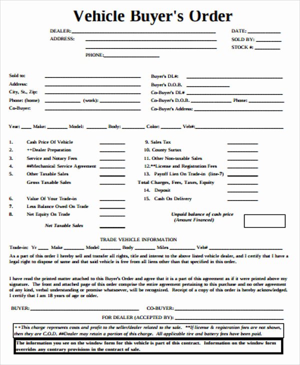 Vehicle Purchase order Template Lovely 10 Sample Vehicle order forms