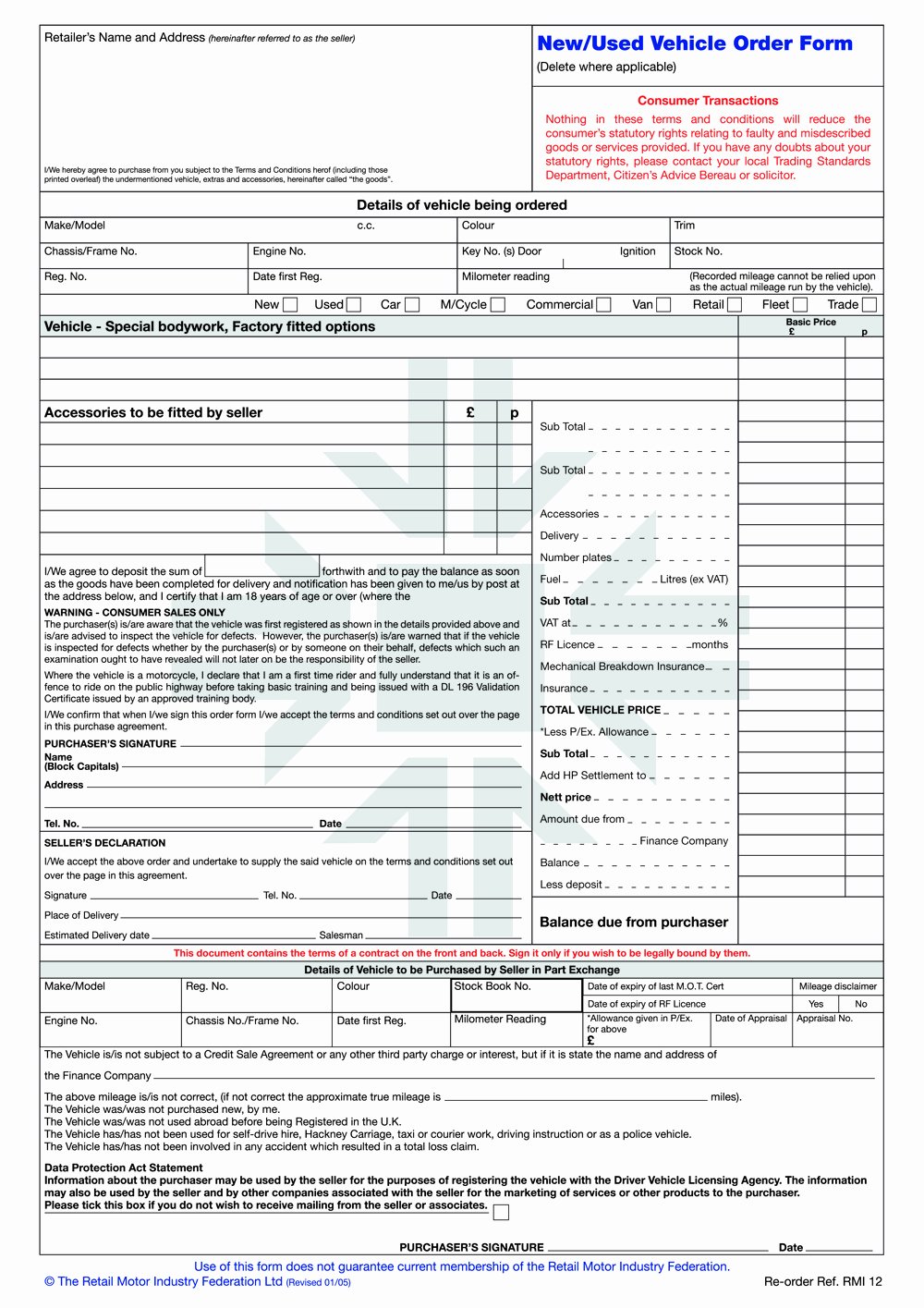 Vehicle Purchase order Template Lovely Rmi012p New Used Vehicle order form Pad Rmi Webshop
