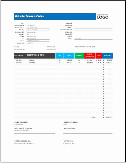 Vehicle Work order Template Beautiful Vehicle Service order forms for Ms Word &amp; Excel
