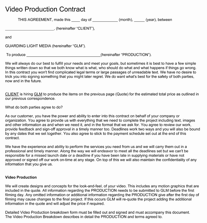 Video Production Contract Template Inspirational Video Production Contract 6 Printable Contract Samples