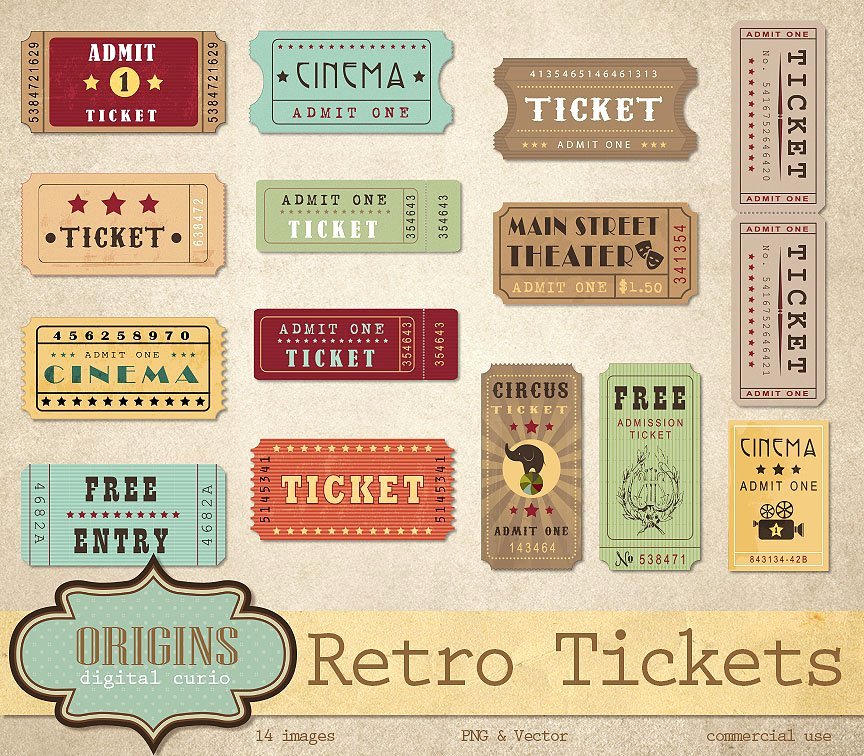 Vintage Movie Ticket Template New Retro Tickets Vector Clipart Graphics Creative Market