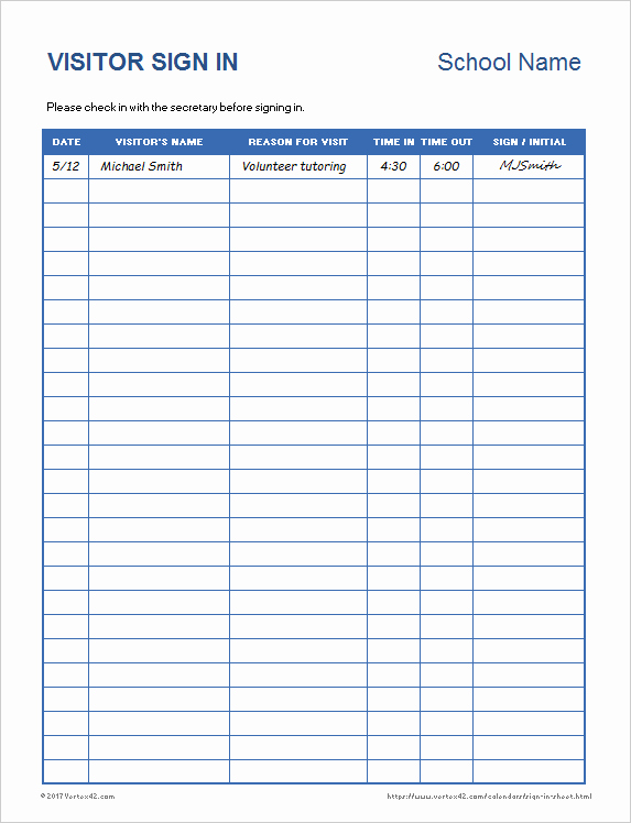 Visitor Sign In Sheet Template Inspirational Download the School Visitor Sign In Sheet From Vertex42