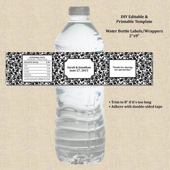 Water Bottle Template Printable Lovely Wedding Water Bottle Label Wrapper 2x9 Black White Damask