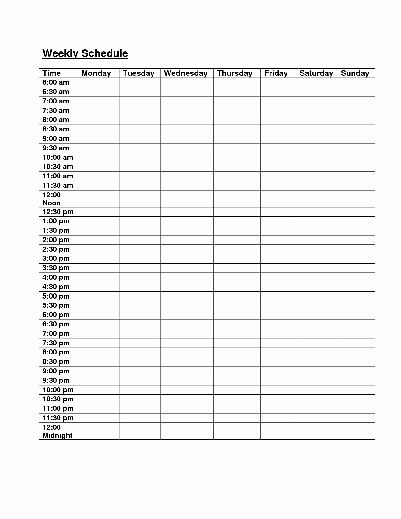 Weekly Schedule Template with Hours New 6am Midnight Hourly Weekly Schedule Planner