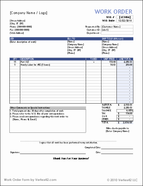 Work order form Template Inspirational Work orders