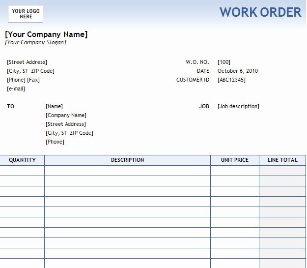 Work order form Template Luxury Work order form