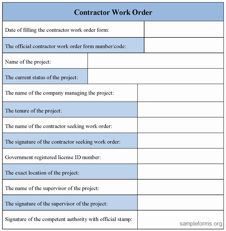 Work order form Template Unique Contractor Work order form Sample forms