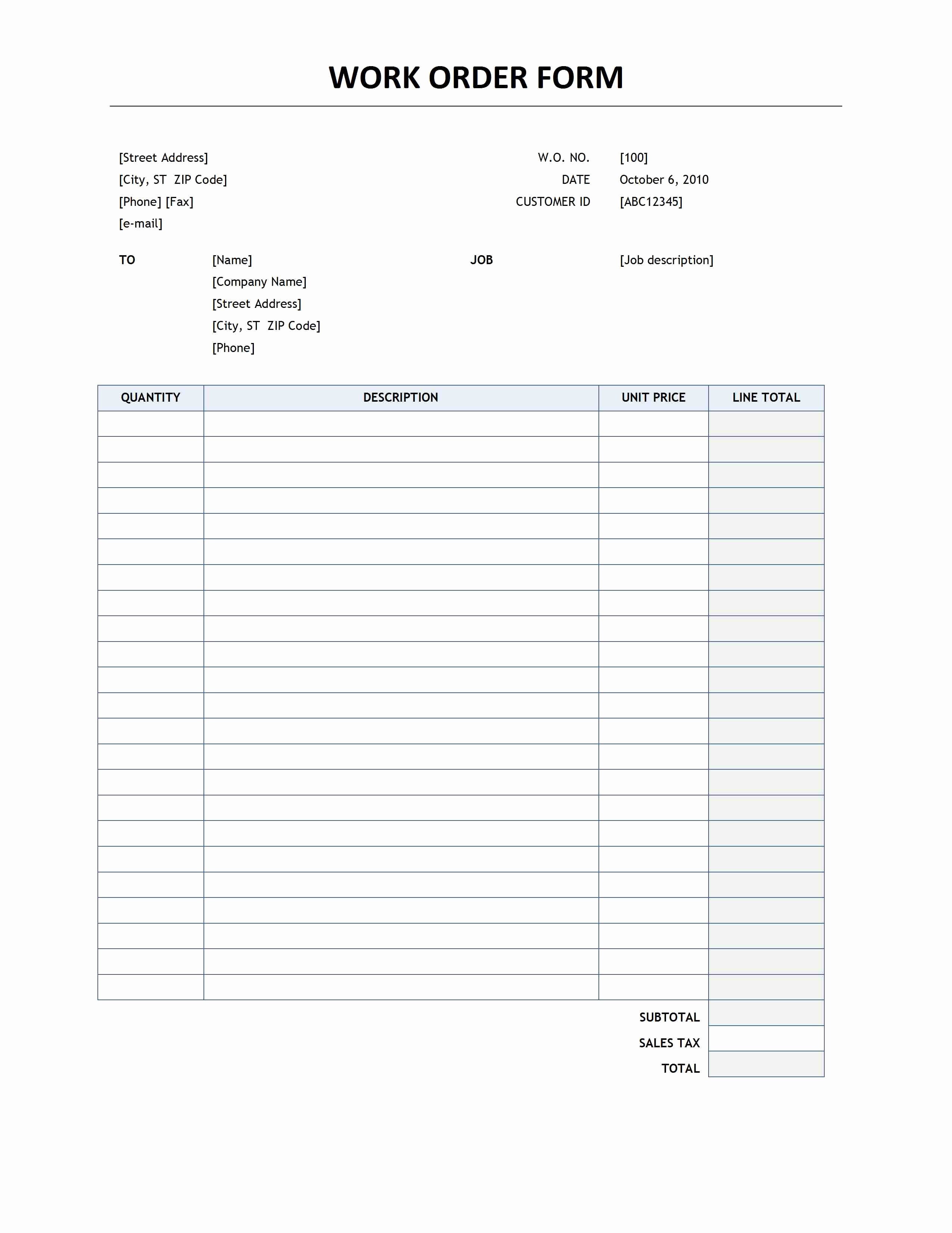 Work order Template Excel Unique Work order form Template