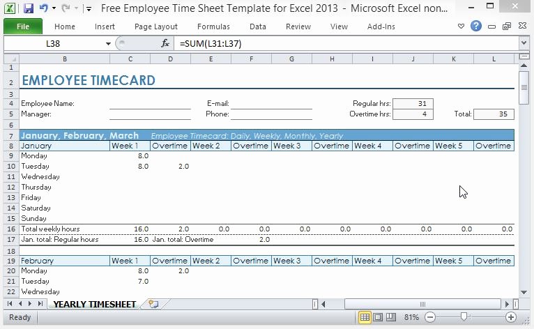 Work Time Sheet Template Beautiful Free Employee Time Sheet Template for Excel 2013