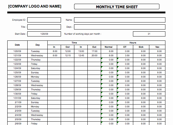 Work Time Sheet Template New 4 Monthly Timesheet Templates Excel Xlts