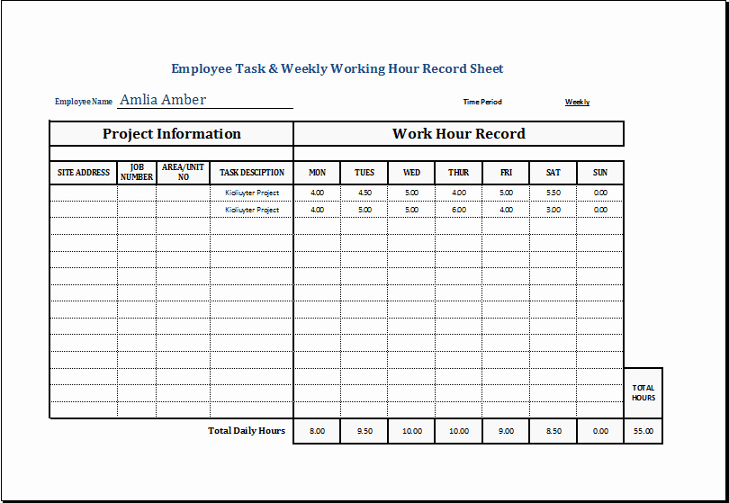 Working Hours Schedule Template Awesome Employee Task &amp; Weekly Working Hour Record Sheet